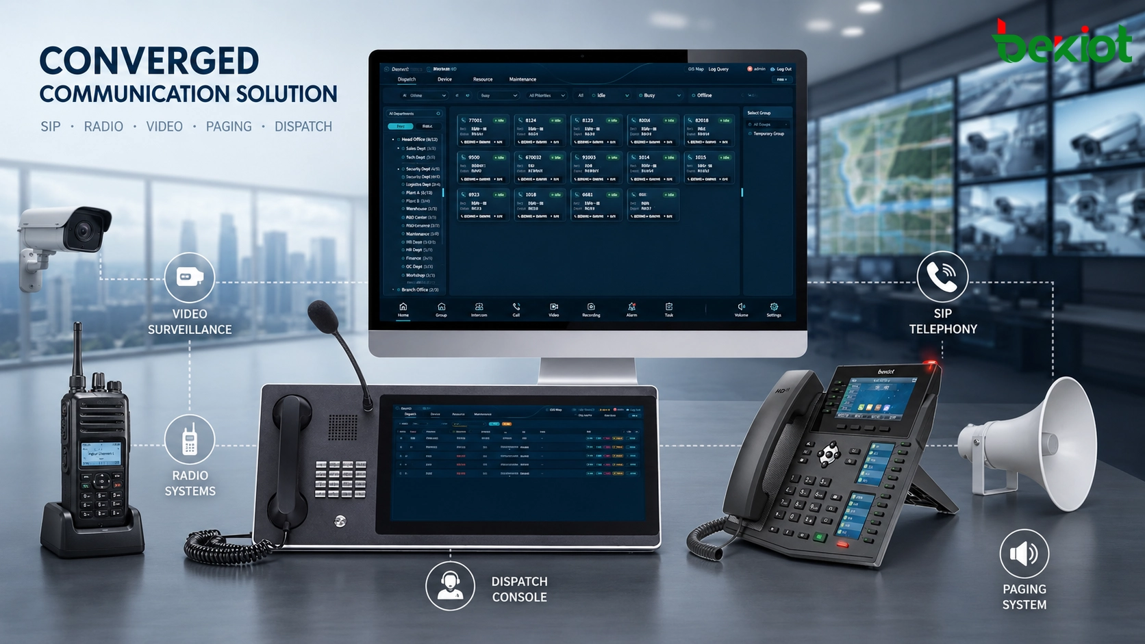 Solution de communications convergentes reliant téléphones SIP, systèmes radio, vidéosurveillance, sonorisation et plateforme de répartition