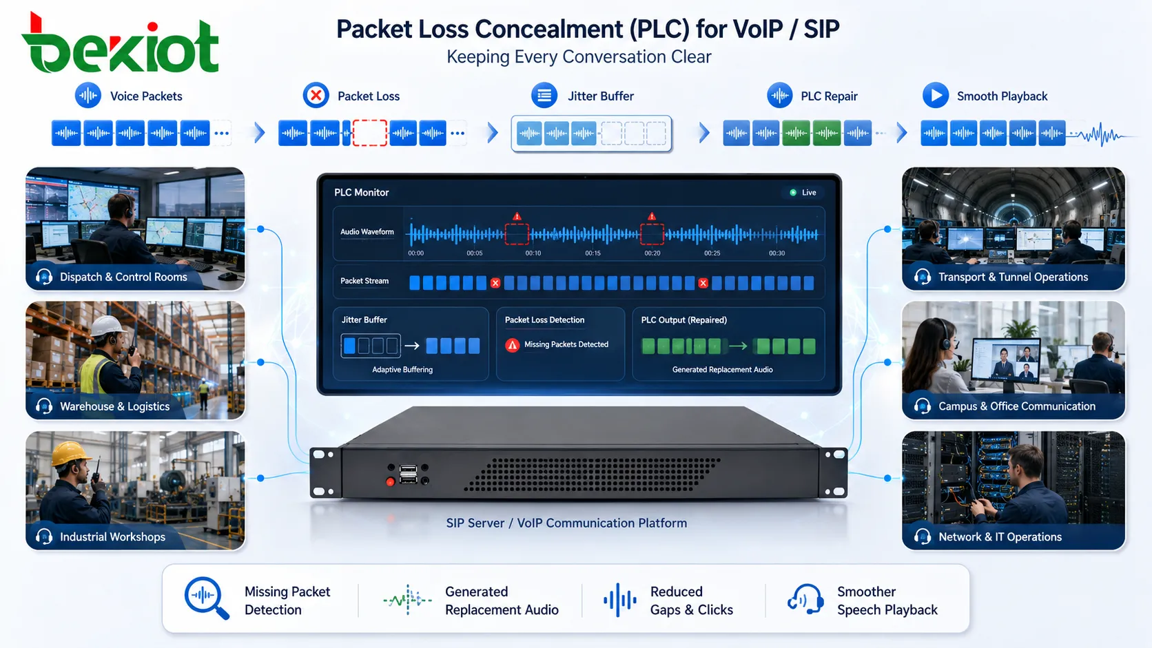 Réparation audio par Packet Loss Concealment montrant paquets vocaux VoIP détection de paquet manquant audio de remplacement généré tampon de gigue et lecture vocale plus fluide