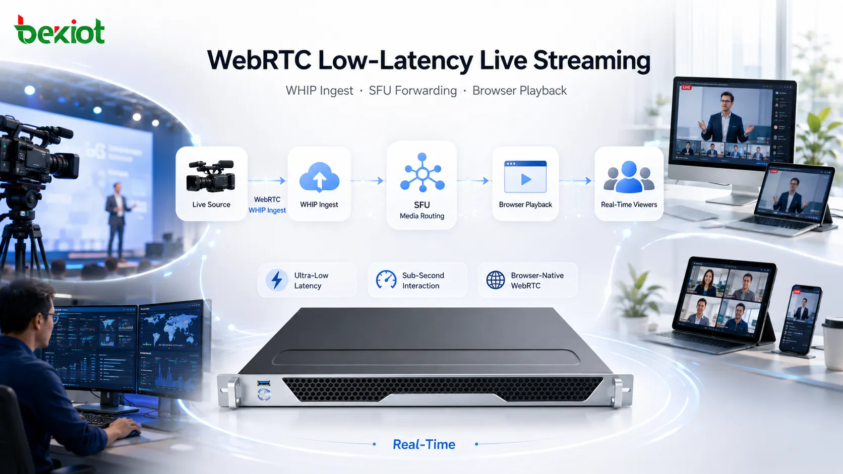 Architecture de streaming WebRTC à faible latence avec ingestion WHIP, routage média SFU et lecture navigateur