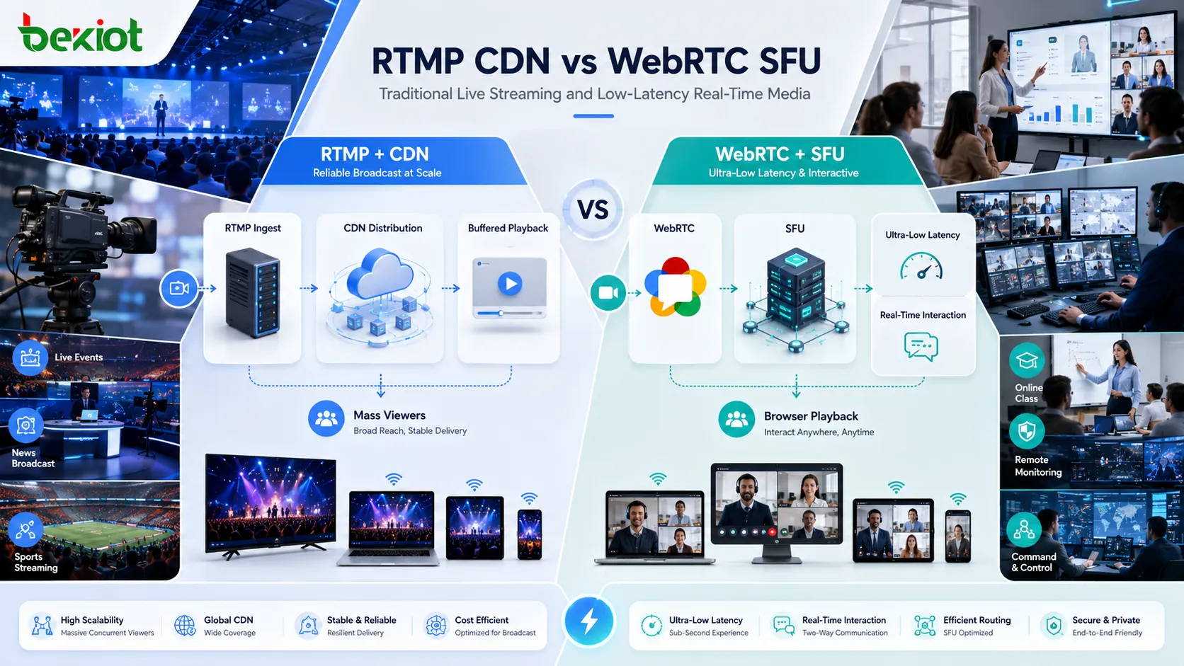Architecture live RTMP CDN comparée à une architecture WebRTC SFU faible latence
