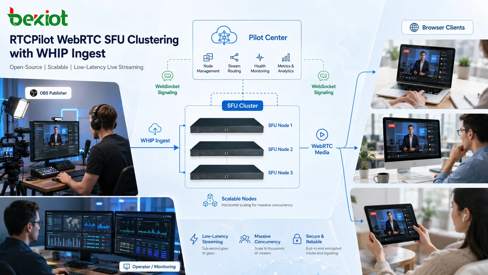 Ingestion WebRTC WHIP et architecture de cluster SFU avec Pilot Center, nœuds SFU, éditeur OBS et clients navigateur