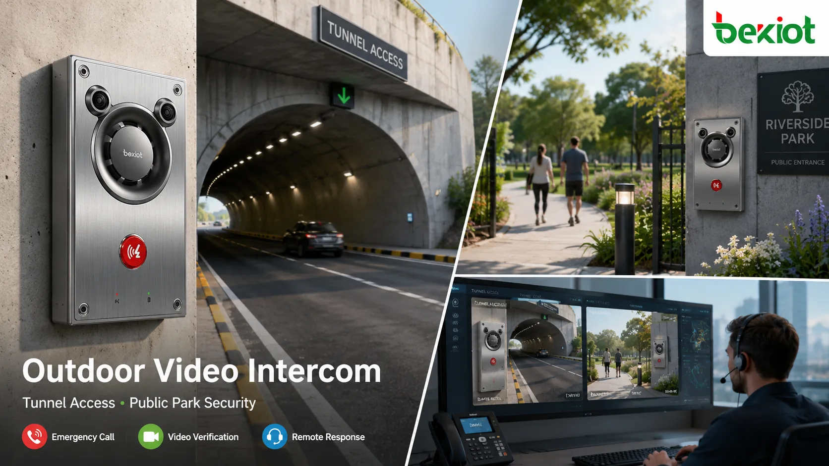 Interphone vidéo extérieur BHP-SOSA12 déployé dans un parc urbain pour l’assistance aux visiteurs et la gestion centralisée de la sécurité