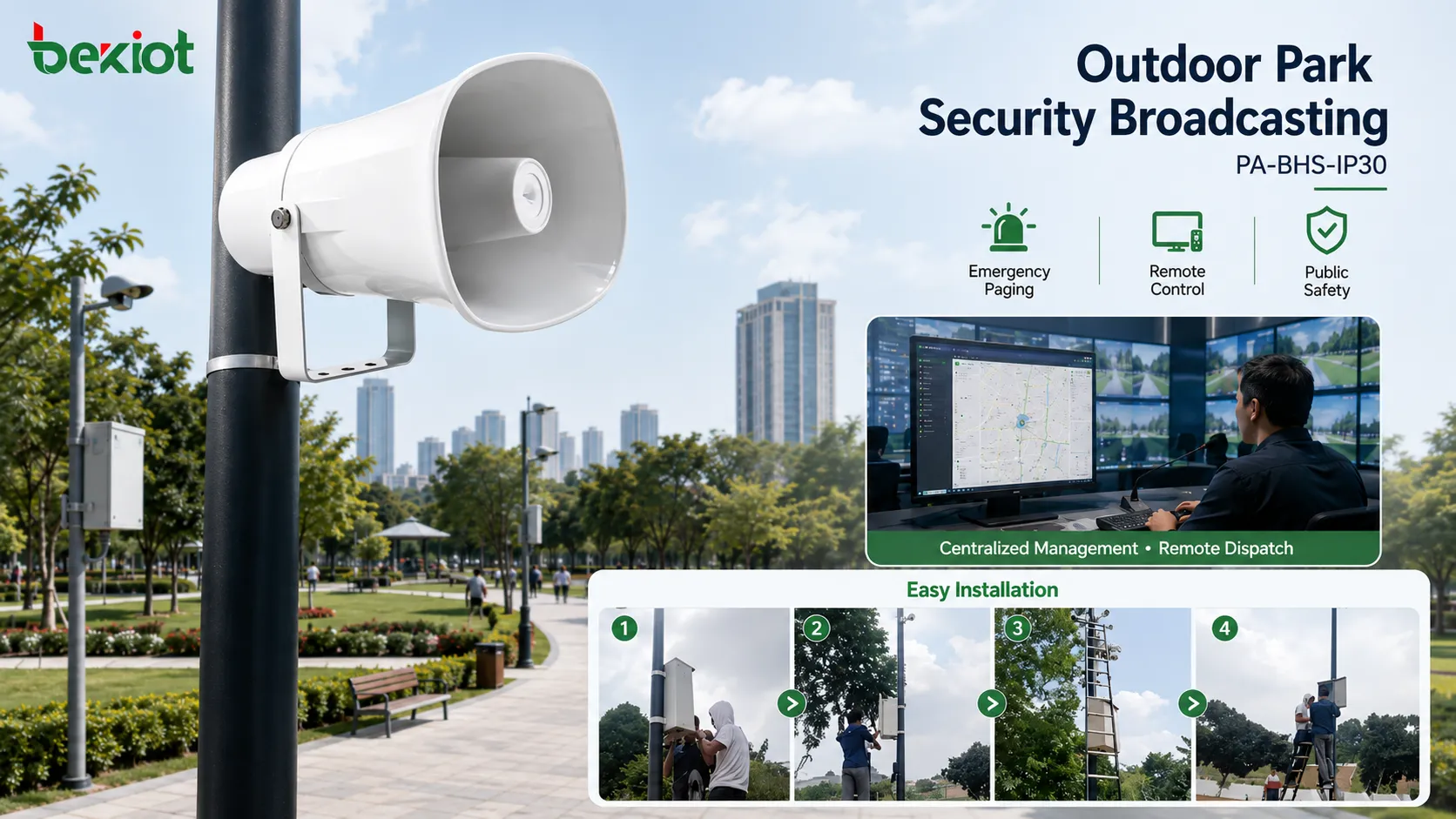 Haut-parleur à pavillon SIP PA-BHS-IP30 installé dans un parc urbain en Indonésie pour la diffusion d’urgence extérieure et la communication de sécurité