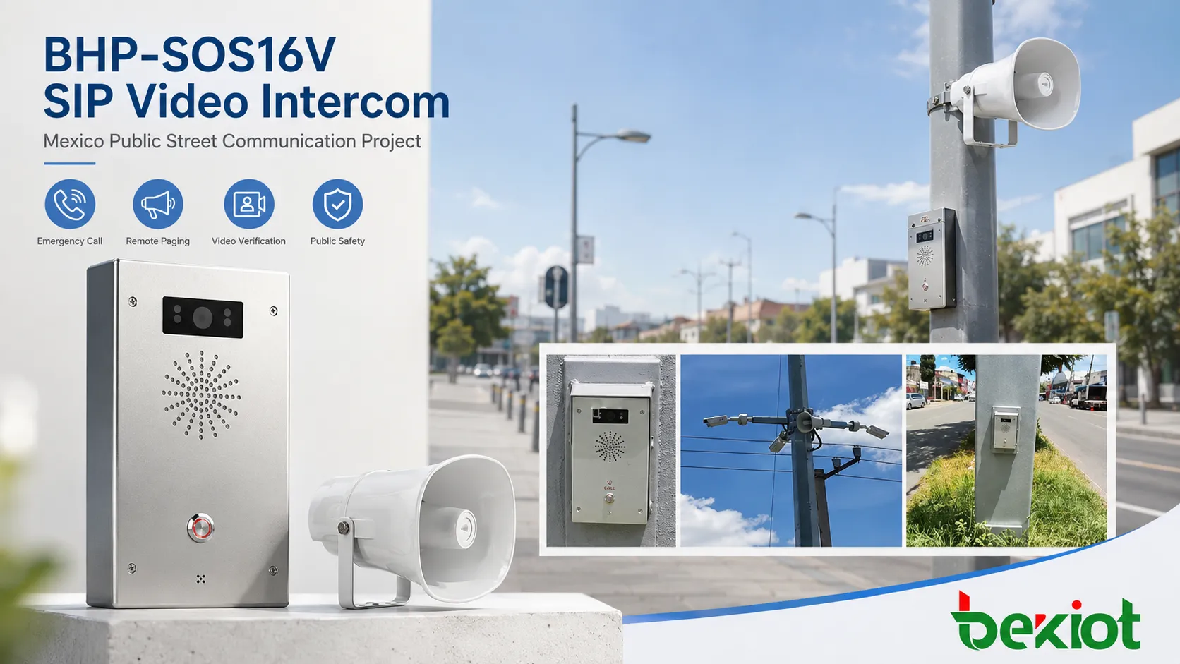 Interphone vidéo SIP BHP-SOS16V installé dans une rue publique pour les appels d’urgence et la communication avec le centre de contrôle