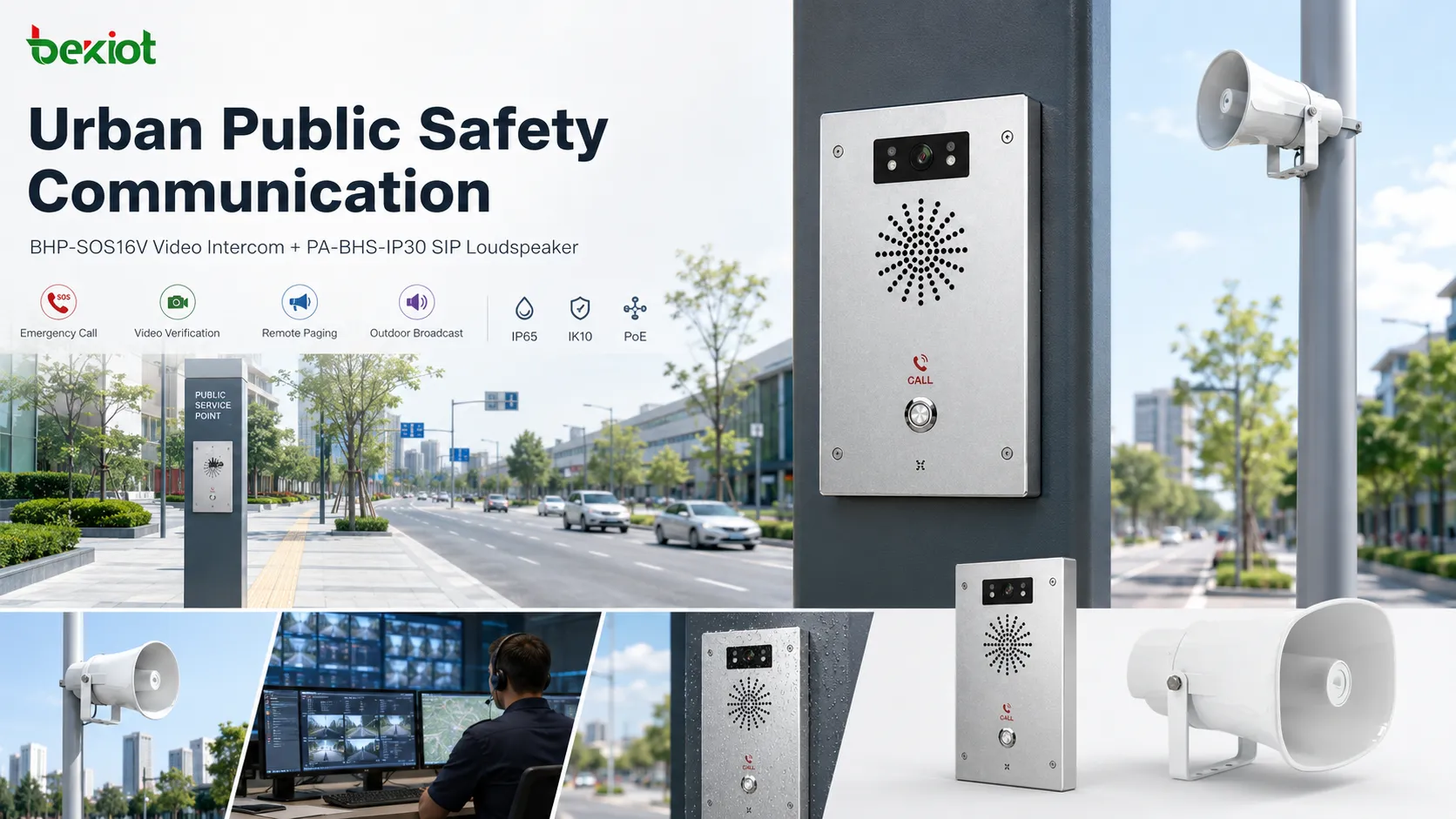 Haut-parleur SIP PA-BHS-IP30 installé pour les annonces extérieures dans les rues publiques et la couverture de diffusion d’urgence
