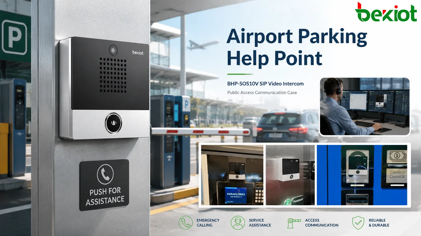 Interphone vidéo SIP BHP-SOS10V installé dans une zone de paiement et d’accès au parking d’un aéroport pour les appels depuis un point d’aide