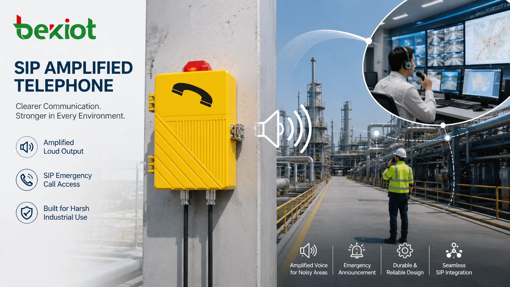 Soutien d’urgence par téléphone SIP amplifié avec téléphone industriel mural opérateur en salle de contrôle forte puissance vocale alerte de sonorisation et communication avec un travailleur de terrain