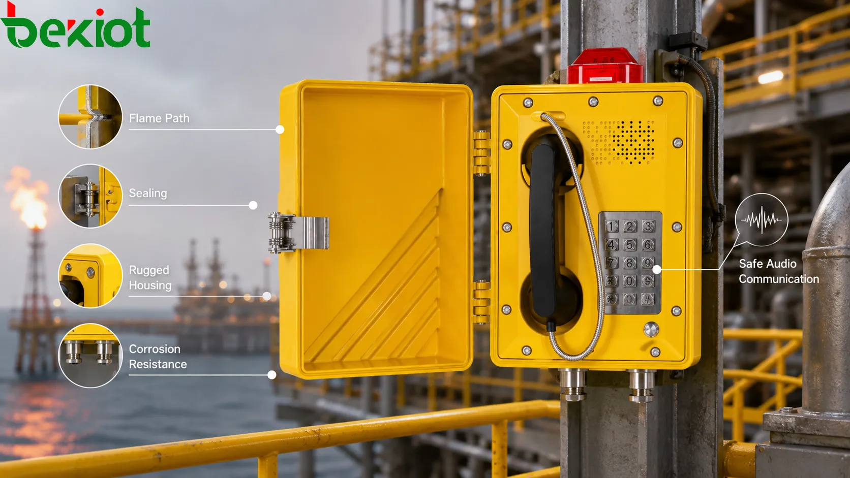 Conception des matériaux d’un téléphone antidéflagrant montrant enveloppe métallique anticorrosion, combiné étanche, boutons robustes, presse-étoupe, joint, traitement de surface et environnement industriel sévère