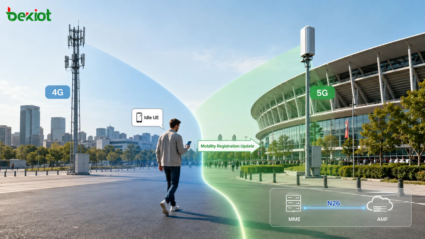 Mobilité en mode veille de la 4G vers la 5G montrant l'UE passant de la couverture LTE eNodeB à la couverture 5G gNodeB avec l'interface MME AMF N26 et la mise à jour de l'enregistrement de mobilité