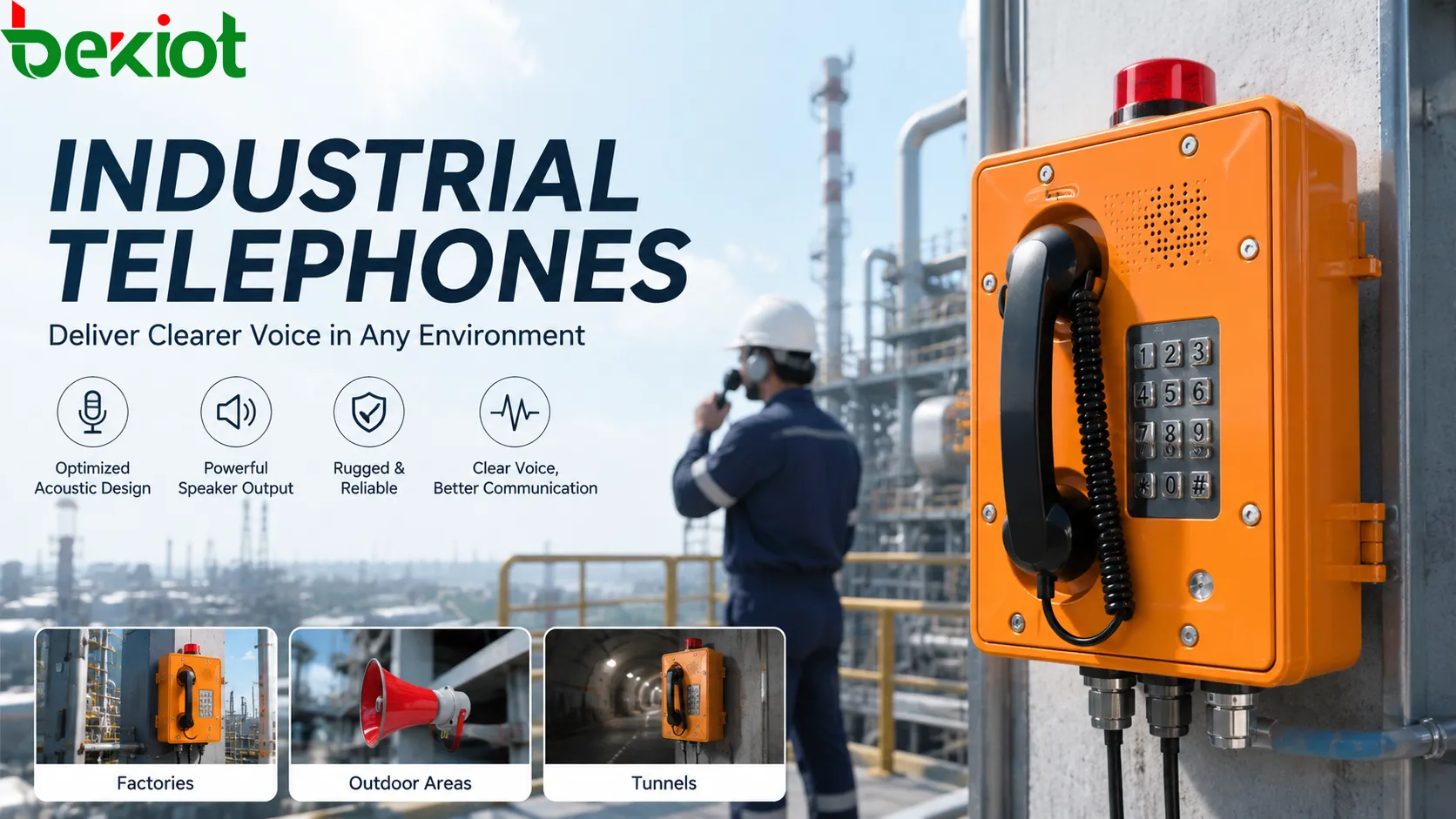 Téléphone industriel améliorant la clarté vocale dans une usine bruyante, avec travailleur utilisant un combiné robuste près des machines et opérateur de salle de contrôle recevant une voix plus claire