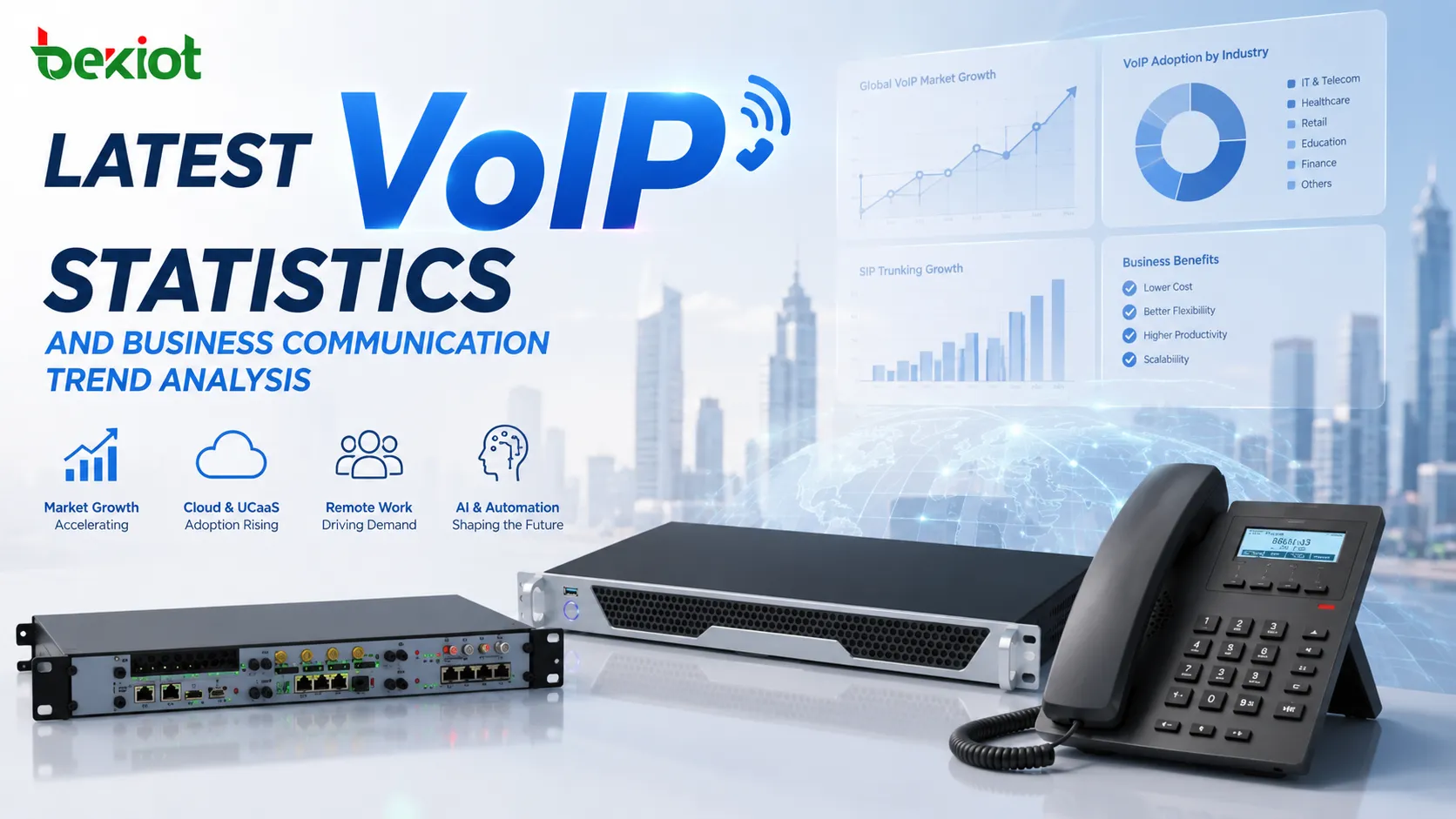 Statistiques VoIP montrant comment les systèmes téléphoniques cloud, les trunks SIP, le travail à distance, les communications unifiées et les plateformes vocales IA stimulent la croissance des communications d'entreprise