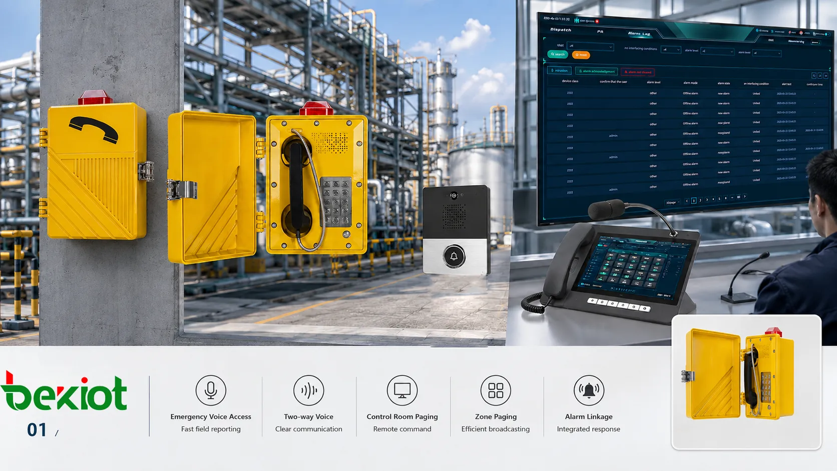 Station de sonorisation antidéflagrante améliorant l’efficacité des interventions d’urgence dans une zone industrielle dangereuse grâce au point d’appel du travailleur, à l’appel depuis la salle de contrôle, à la liaison avec les alarmes et à la diffusion d’évacuation