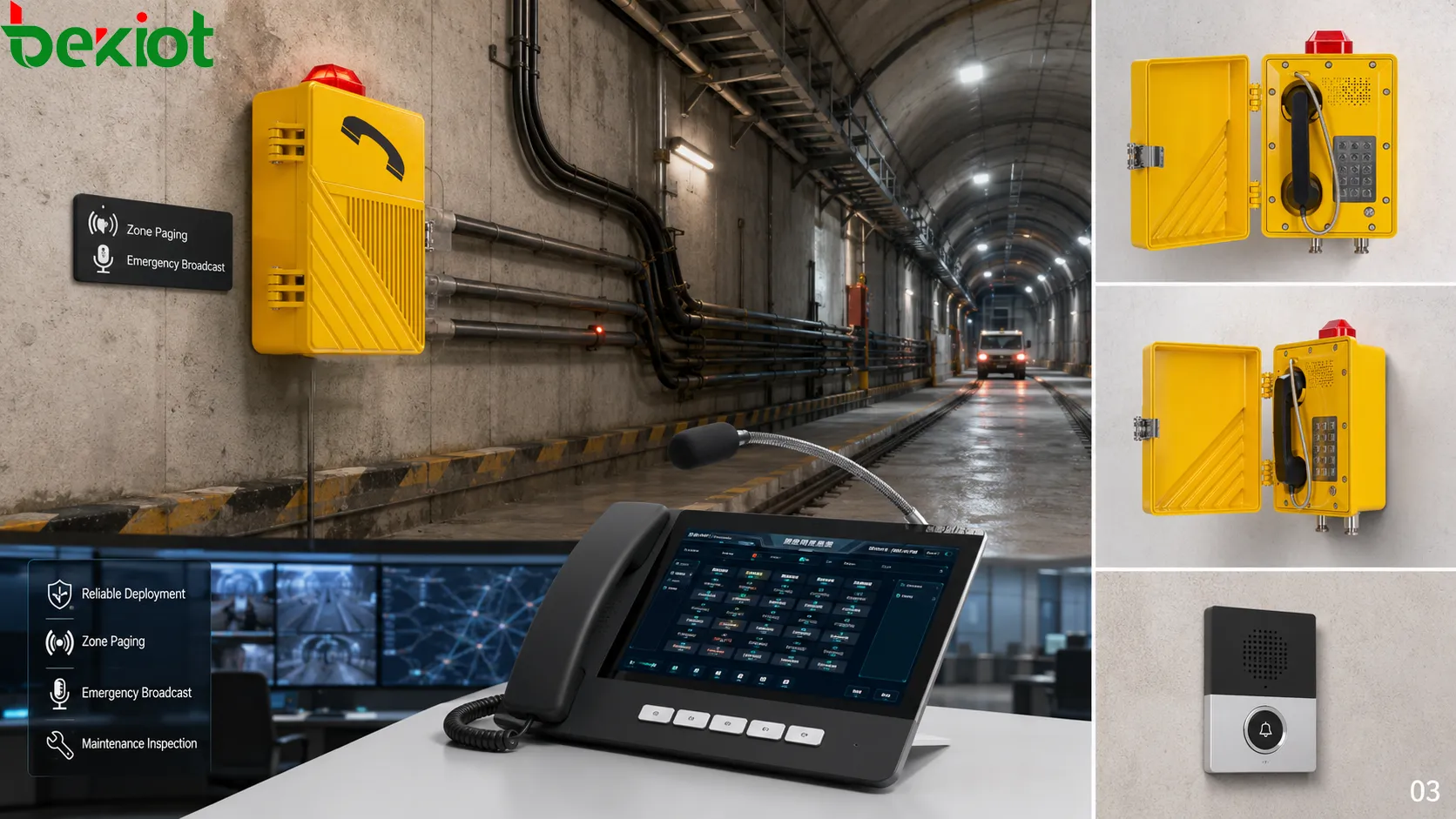 Déploiement d’une station de sonorisation antidéflagrante montrant l’appel par zones dangereuses, l’opérateur de salle de contrôle, le réseau PoE, l’entrée d’alarme, la couverture des haut-parleurs et l’inspection de maintenance