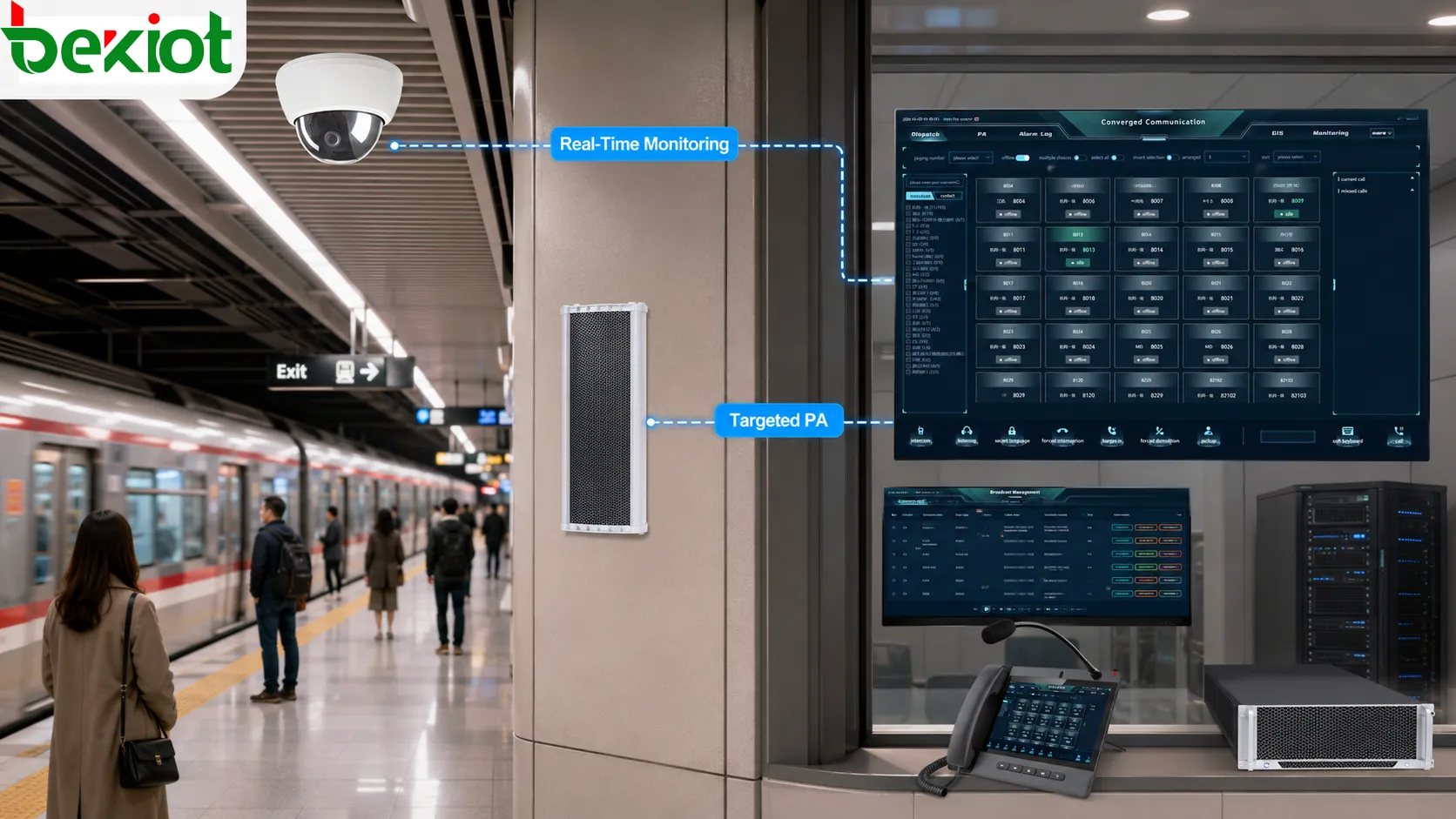 Caméra de station de métro reliée à un système de sonorisation numérique pour la surveillance de sécurité en temps réel et les annonces ciblées