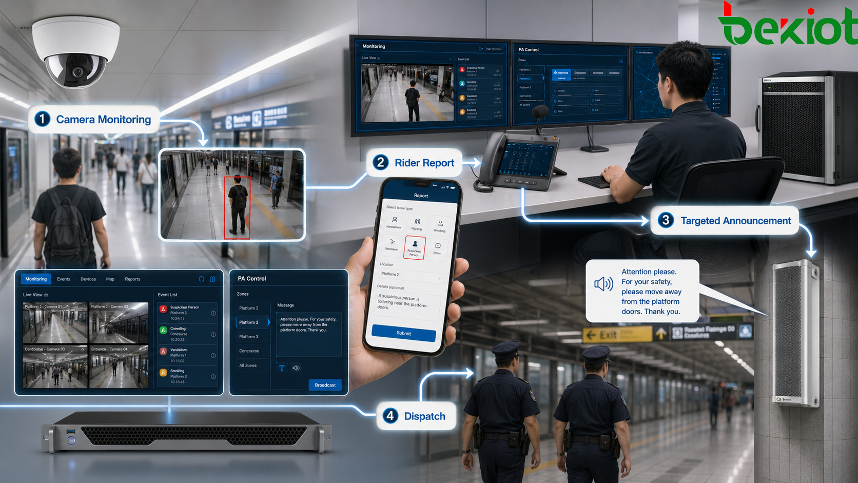 Flux de sonorisation numérique pour la sécurité d'une station de métro avec surveillance par caméra, signalement via application, annonce ciblée et envoi d'agents