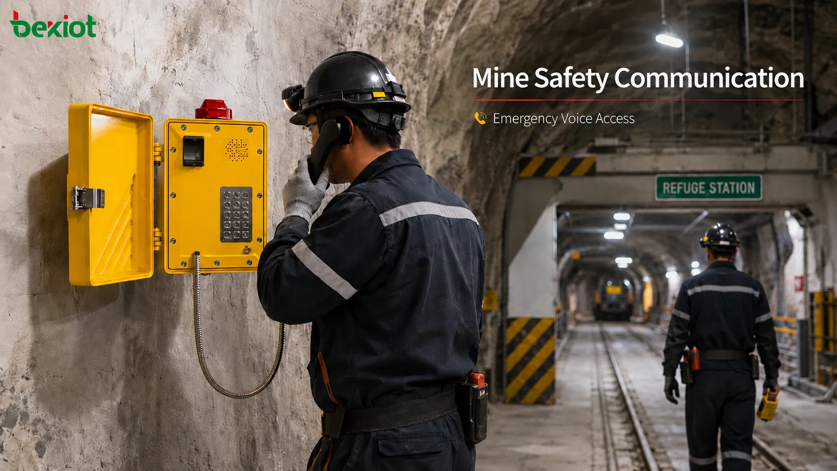 Téléphone antidéflagrant installé sous terre près d’une zone de refuge avec un travailleur appelant la salle de contrôle et le système de dispatching d’urgence