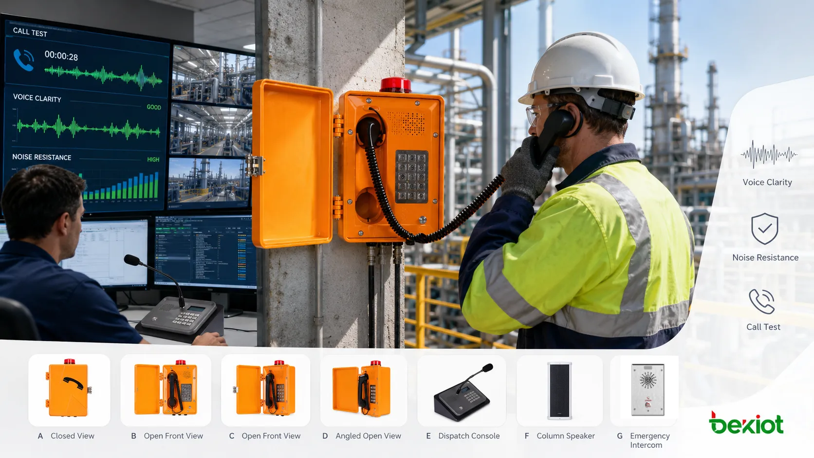 Essai de qualité vocale d’un téléphone industriel en usine avec téléphone mural robuste, opérateur de terrain, poste de contrôle, bruit de machines et liste de contrôle audio