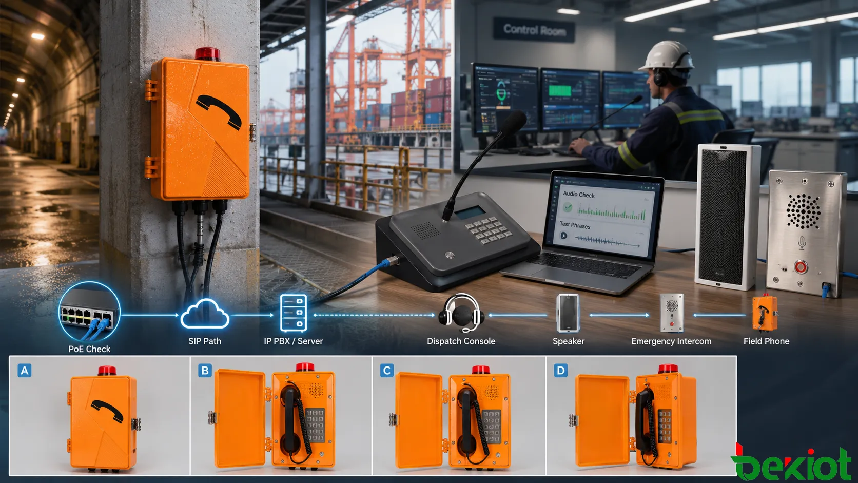 Préparation d’un essai audio de téléphone industriel avec phrases d’essai, enregistrement SIP, chemin réseau, casque du poste de contrôle, contrôle de ligne analogique et source de bruit réelle