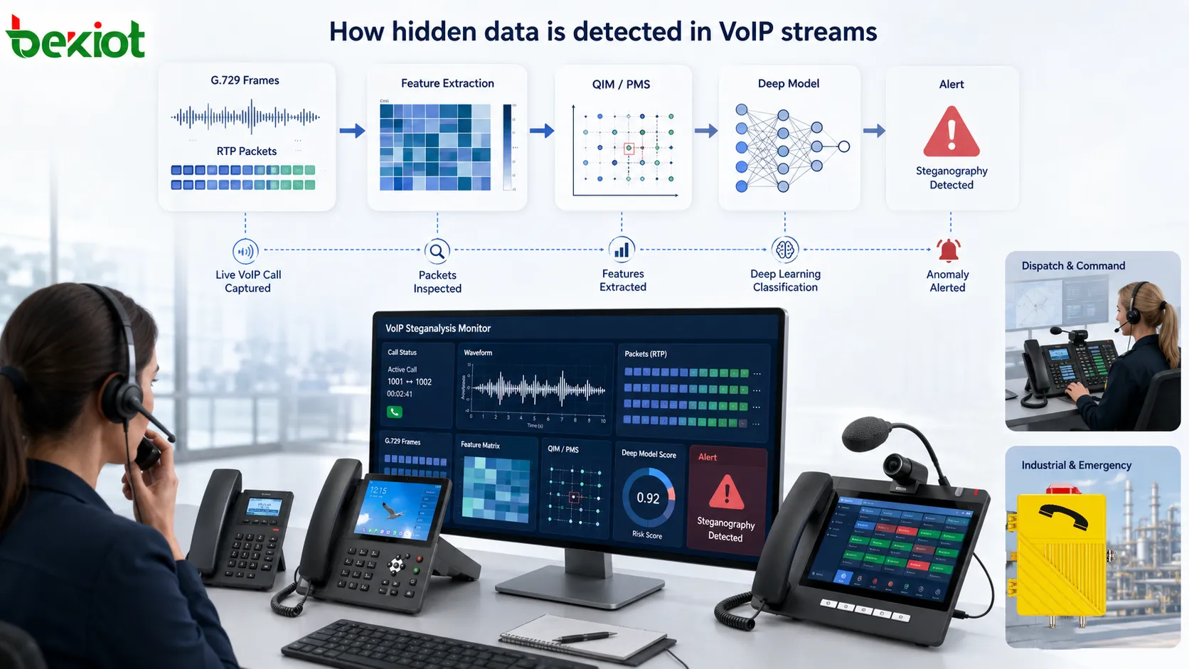 Chaîne de stéganalyse VoIP montrant des trames vocales G.729, l’extraction de caractéristiques statistiques, la détection des motifs QIM et PMS, la classification par réseau neuronal profond et la surveillance de sécurité en temps réel