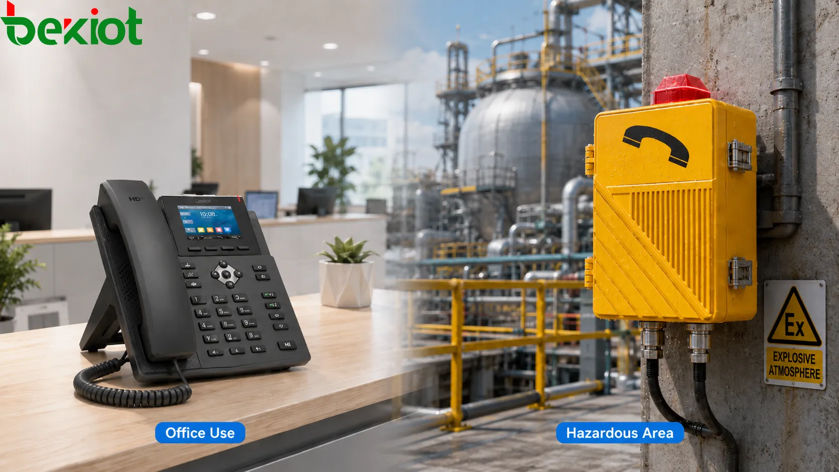 Comparaison entre téléphone antidéflagrant et téléphone ordinaire montrant une zone industrielle dangereuse, un bureau, une salle de contrôle, une usine chimique, une mine, un tunnel et l’objectif de communication sûre