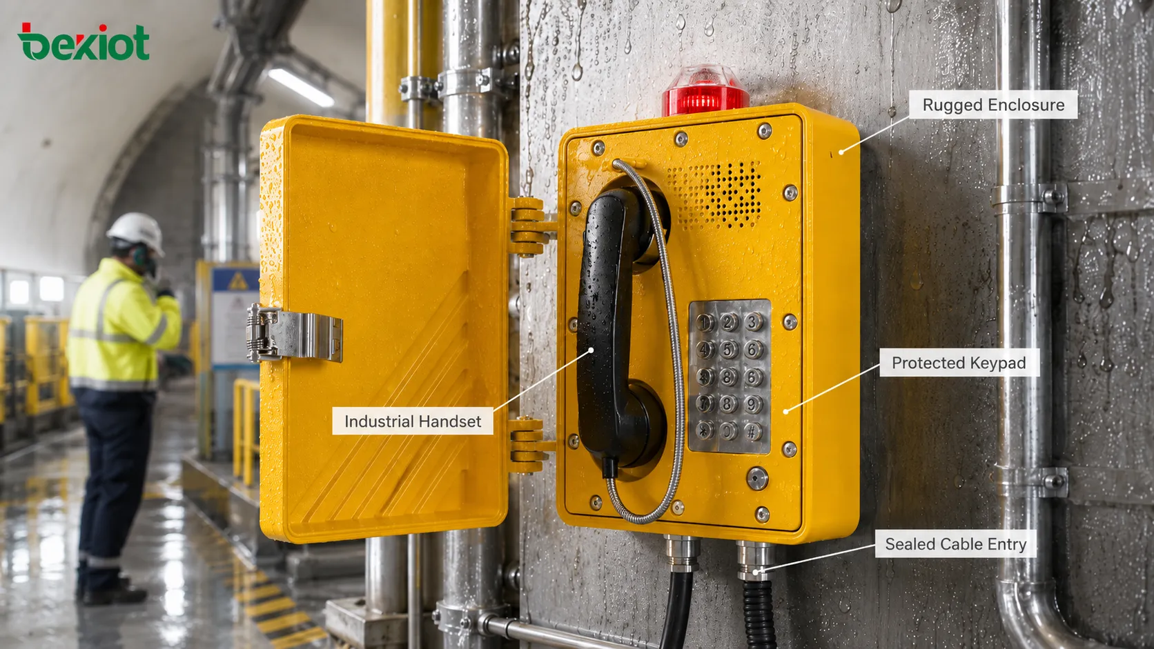 Structure durable d’un téléphone antidéflagrant montrant un boîtier métallique robuste, un clavier protégé, un combiné industriel, un presse-étoupe étanche, une grille de haut-parleur et une installation sur site difficile