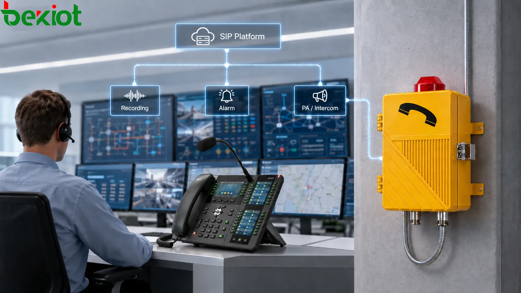 Intégration d’un système de téléphone antidéflagrant montrant un téléphone de zone dangereuse connecté à une console de dispatching, une plateforme SIP, un couplage d’alarme, un serveur d’enregistrement et un opérateur de salle de contrôle