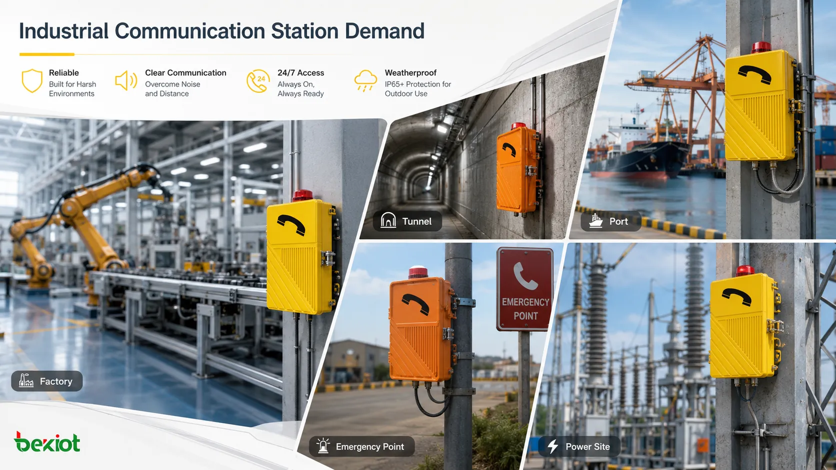 Stations de communication industrielles utilisées dans une usine, un tunnel, une mine, un port, une installation électrique et une cour extérieure, avec accès vocal robuste, liaison au dispatching et point d’appel d’urgence