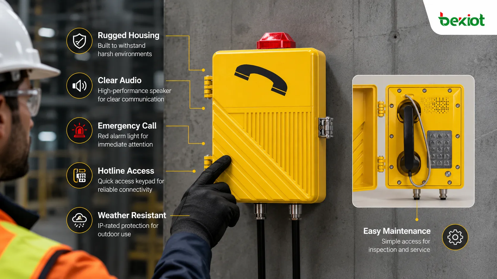Fonctions différenciatrices d’une station de communication industrielle : boîtier robuste, combiné à audio clair, appel d’urgence à une touche, interface SIP, couplage d’alarme et installation résistante aux intempéries