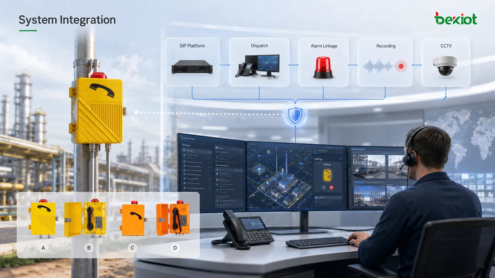 Intégration d’une station de communication industrielle avec plateforme SIP, console de dispatching, couplage d’alarme, serveur d’enregistrement, IP PBX, station extérieure et opérateur de salle de contrôle
