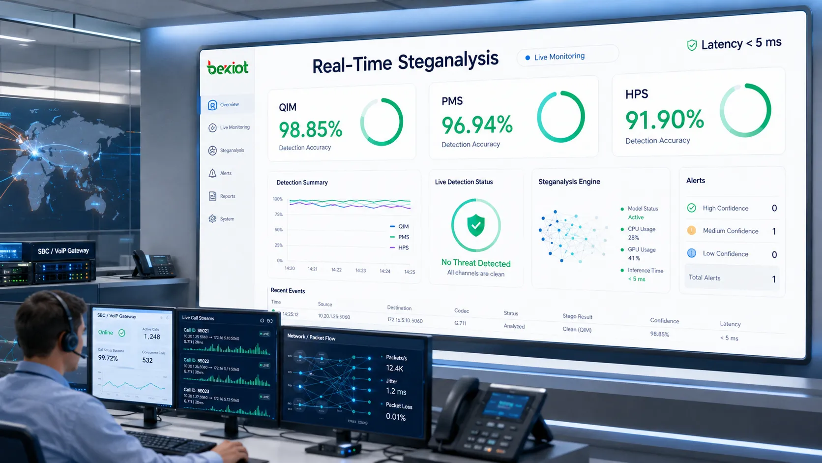 Tableau de bord de stéganalyse VoIP en temps réel montrant la précision de détection par apprentissage profond pour QIM PMS HPS et une surveillance de sécurité à faible latence