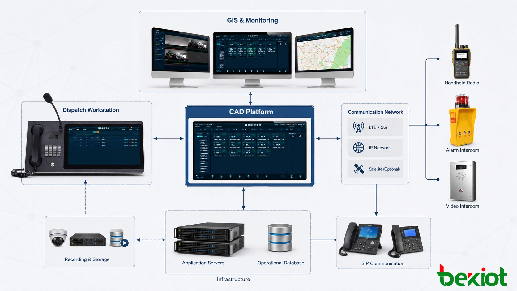Architecture d’un système CAD reliant les postes de répartition, les serveurs d’applications, les cartes GIS, les réseaux de communication, les systèmes d’enregistrement et les terminaux mobiles de terrain