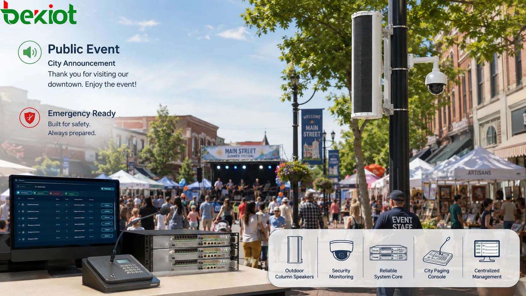 Outdoor public address speakers supporting downtown events and municipal announcements
