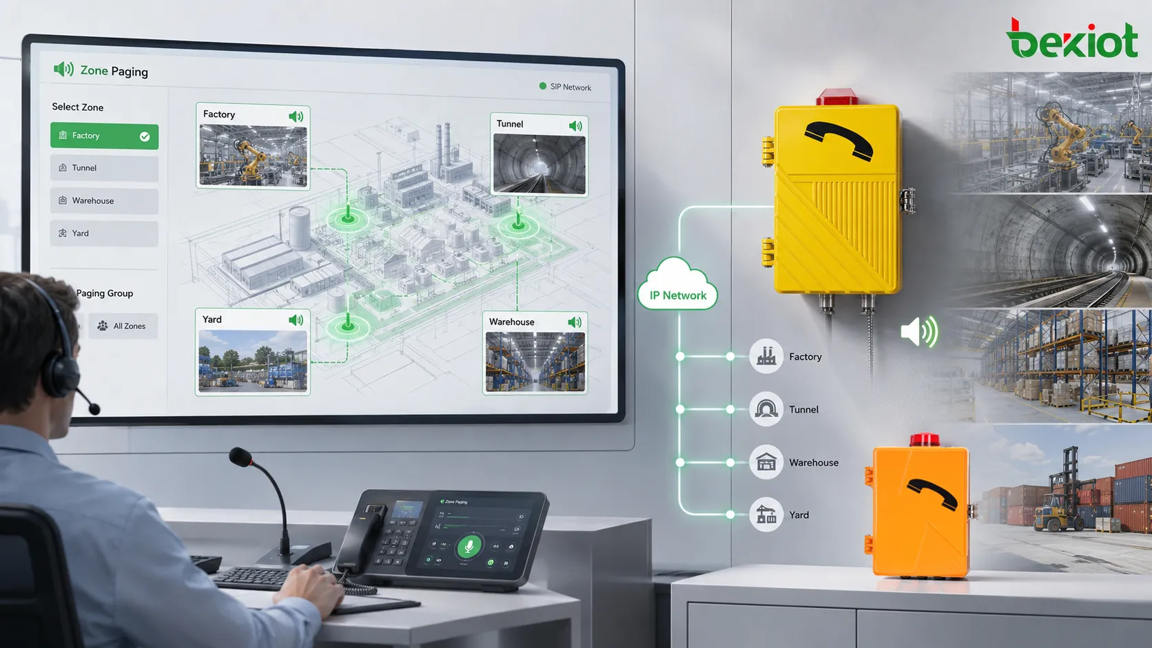 Diffusion multizone par téléphone SIP amplifié avec opérateur en salle de contrôle sélectionnant des zones d’usine, une section de tunnel, une cour extérieure et des zones d’entrepôt via un réseau IP