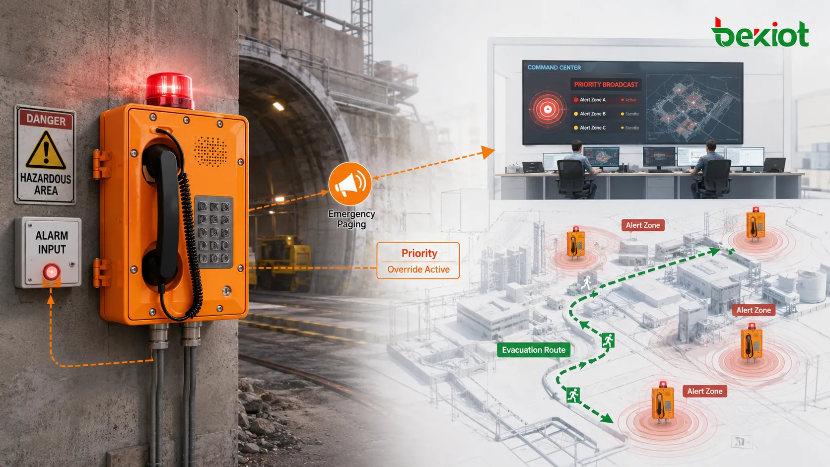 Appel d’urgence par zone avec téléphone SIP amplifié, entrée d’alarme, diffusion prioritaire, itinéraire d’évacuation, terminaux haut-parleurs en zone dangereuse et coordination du centre de commandement