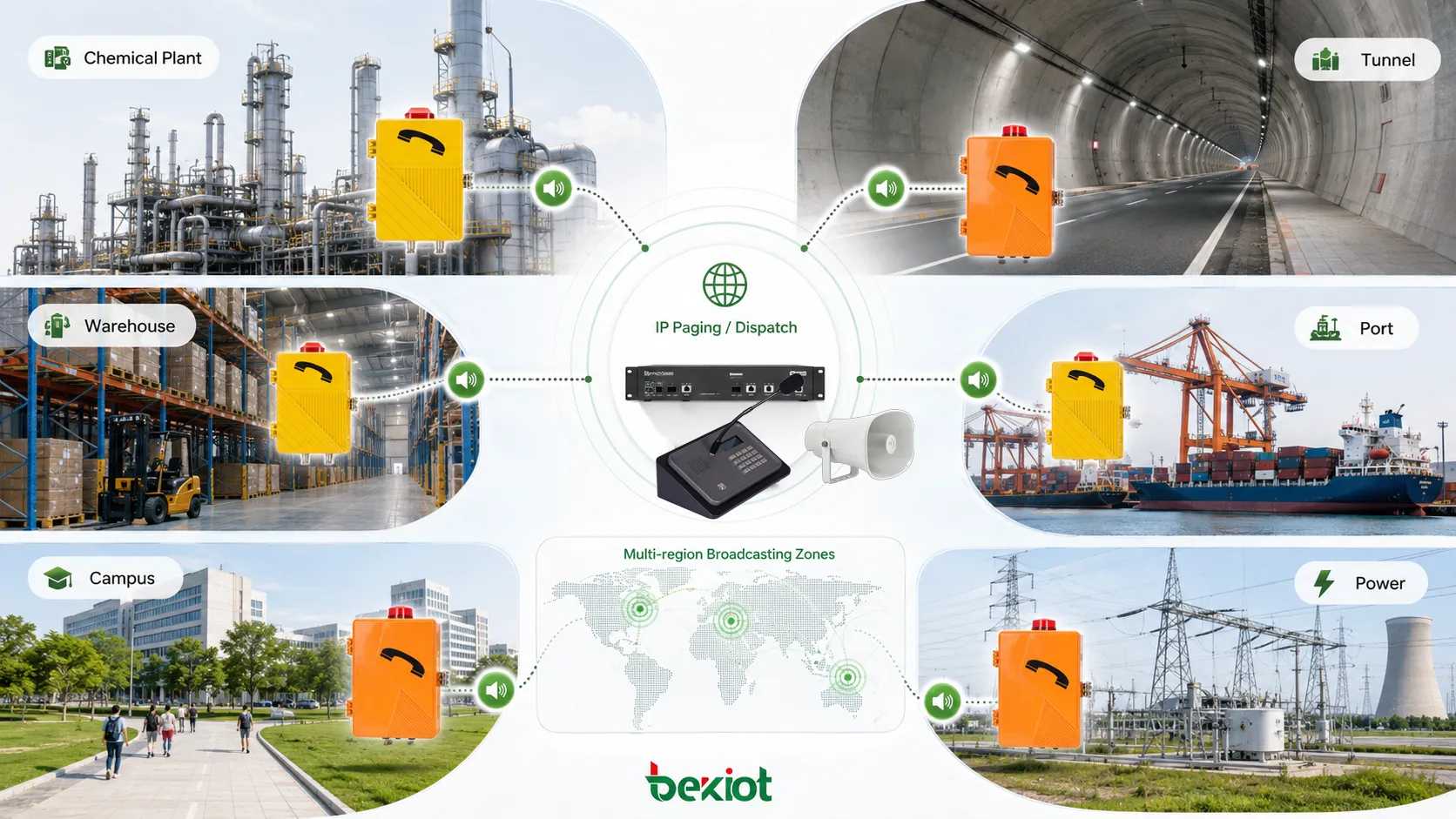 Applications des téléphones SIP amplifiés dans une usine chimique, un tunnel, un entrepôt, un port, un campus, une installation électrique et des zones de diffusion multizone