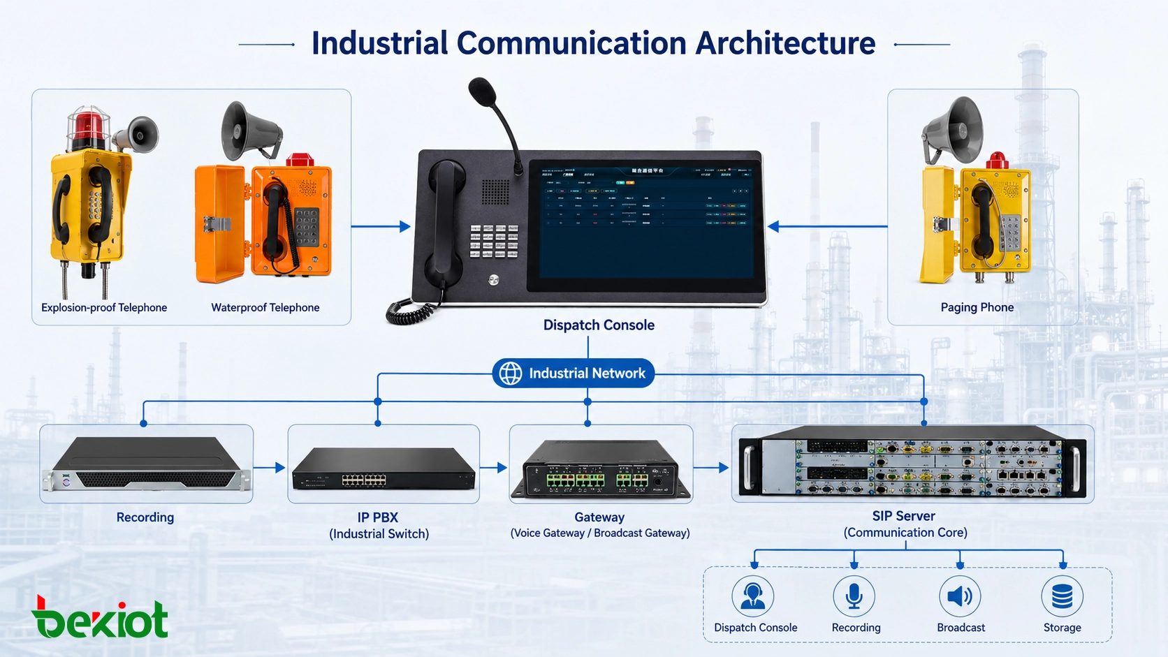 Architecture de communication industrielle comprenant des téléphones antidéflagrants, des commutateurs industriels, des serveurs SIP, des consoles de dispatching, des plateformes d’enregistrement et des systèmes de diffusion