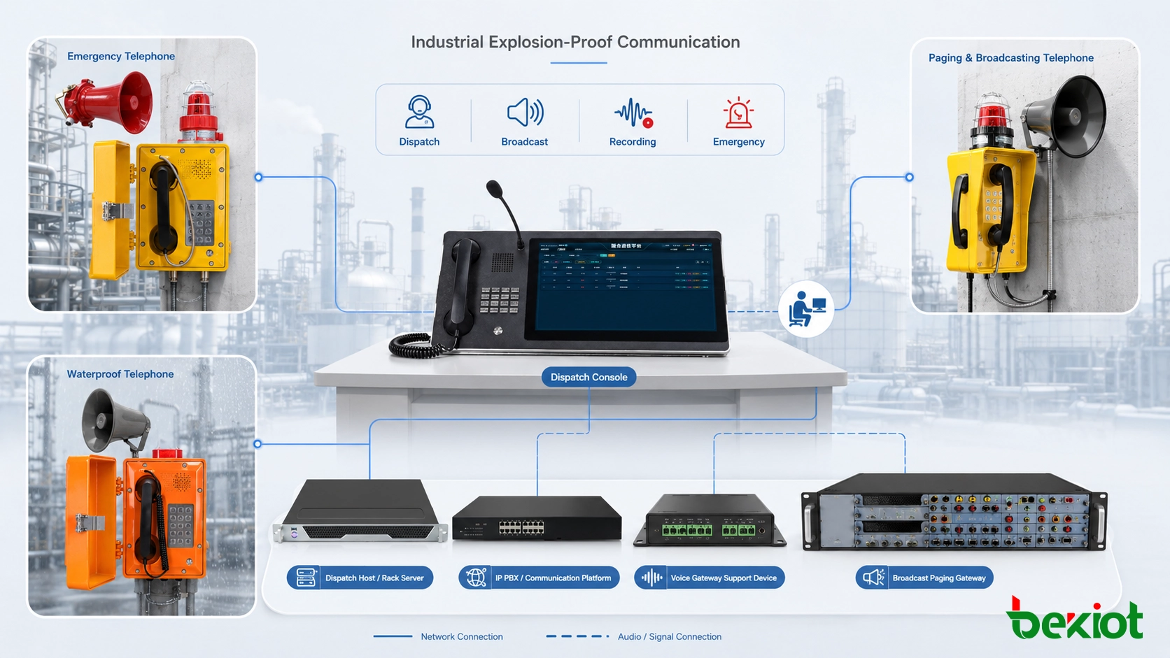 Système de communication industrielle antidéflagrant reliant les téléphones des zones dangereuses aux consoles de dispatching, à la diffusion, à l’enregistrement et aux ressources d’intervention d’urgence