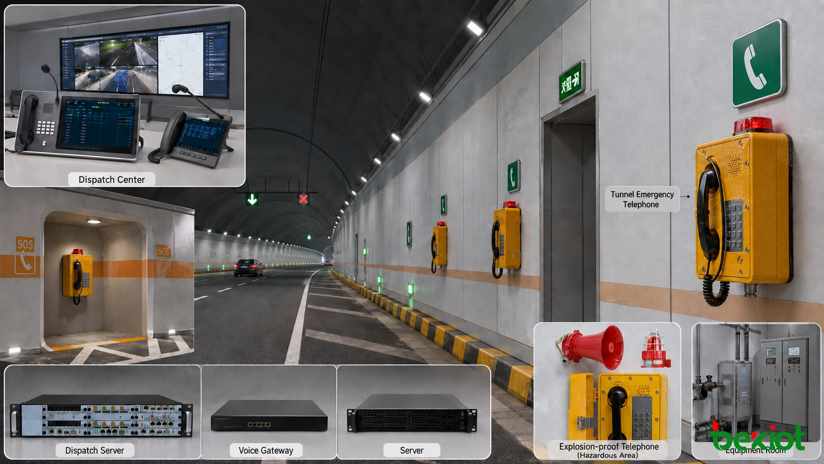 Téléphones industriels d’urgence installés dans les aires d’arrêt, les galeries transversales et les locaux techniques d’un tunnel routier