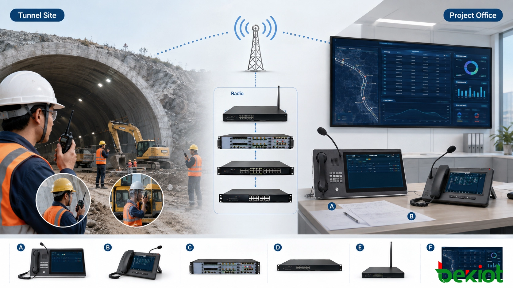Réseau de communication pour la construction de tunnels reliant les utilisateurs de radio de terrain au centre de commandement du projet
