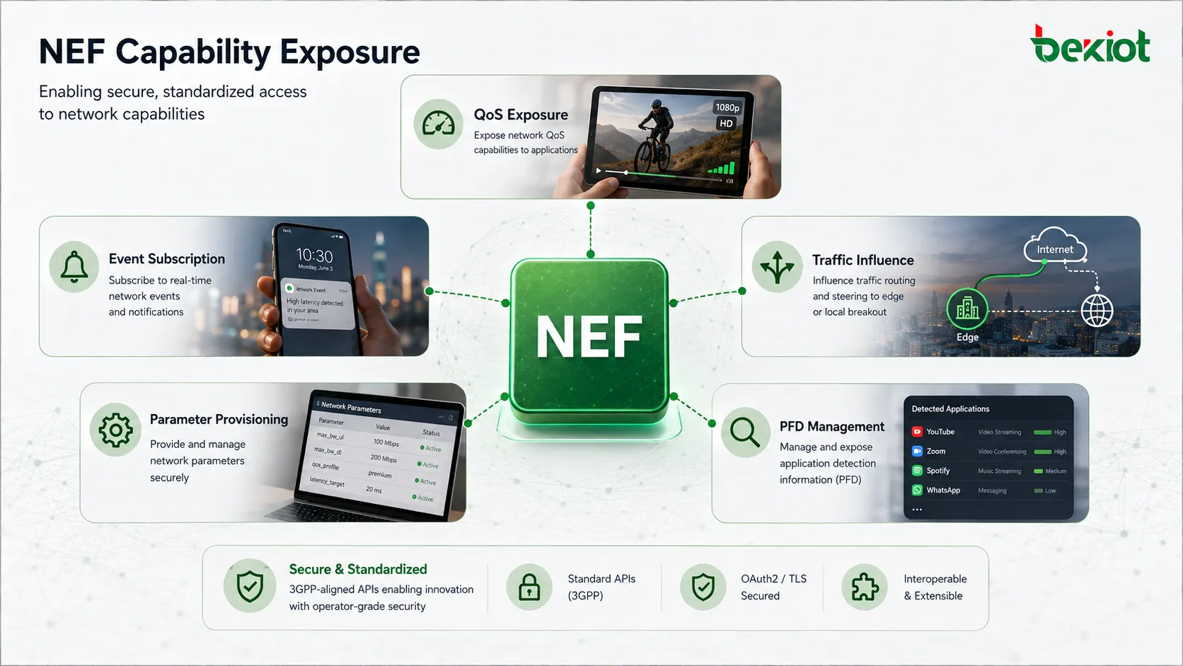 Exposition des capacités du NEF 5GC couvrant QoS, abonnements aux événements, influence sur le trafic, provisionnement de paramètres et gestion PFD