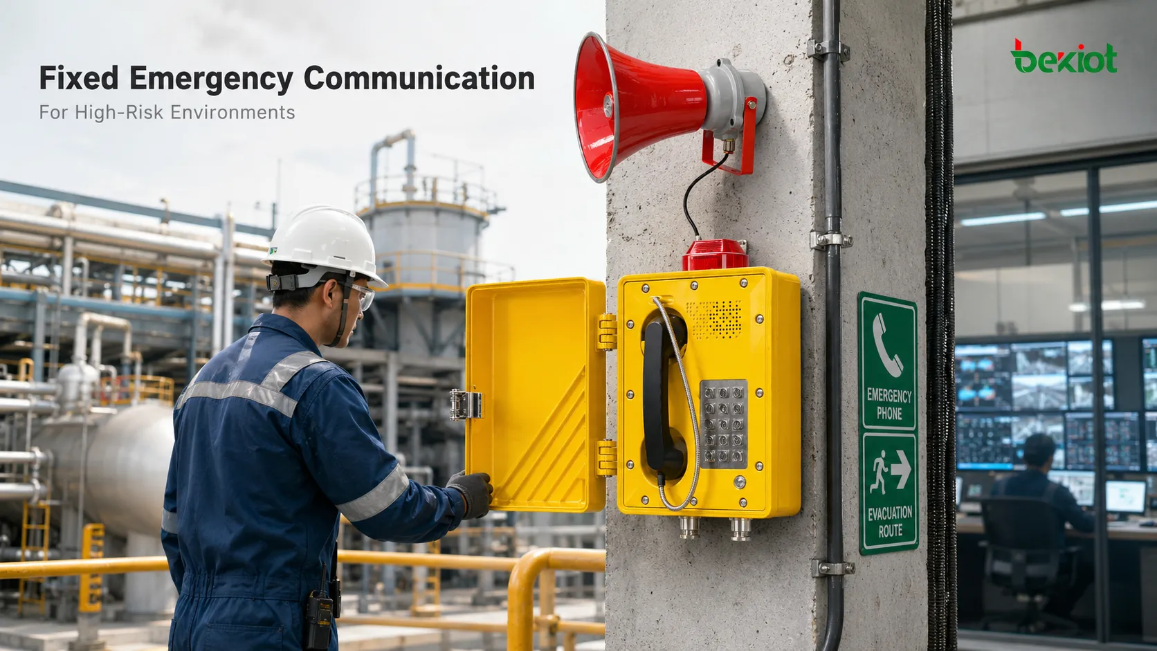 Téléphone antidéflagrant dans un environnement de raffinerie à haut risque avec tuyauteries, zone de réservoirs, panneau d’avertissement, point d’appel d’urgence pour opérateur et communication vocale avec la salle de contrôle