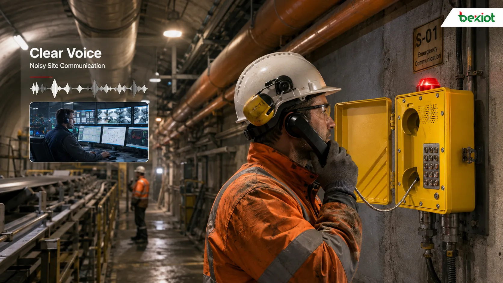 Téléphone antidéflagrant assurant une communication vocale claire dans un environnement industriel bruyant avec machines, réverbération de tunnel, opérateur avec combiné et personnel en salle de contrôle