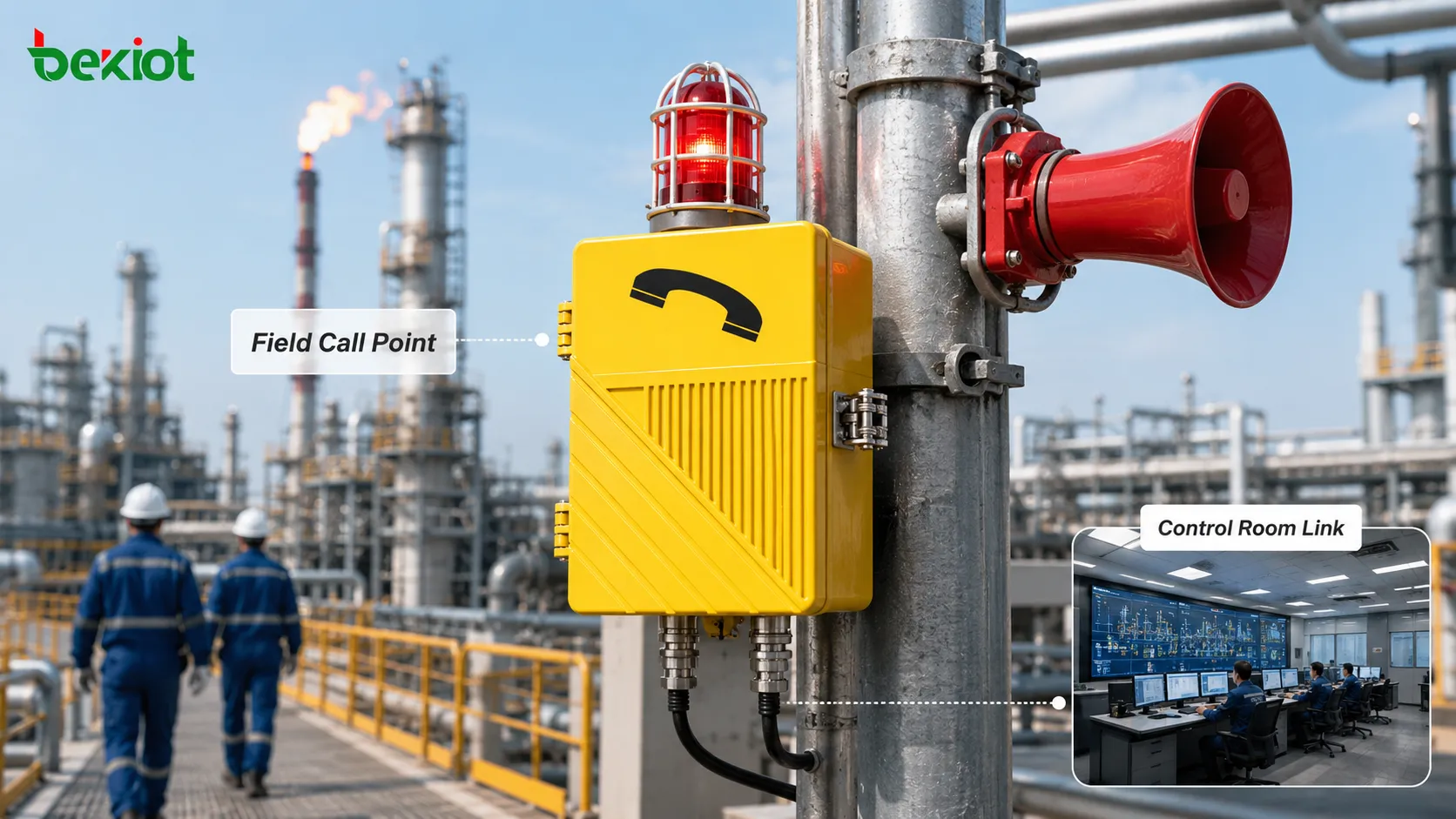 Poste d’appel et de sonorisation antidéflagrant sur un site de puits pétrolier et gazier avec tête de puits, conduite de collecte, opérateur terrain, liaison salle de contrôle, point d’appel fixe et couverture de diffusion zonée