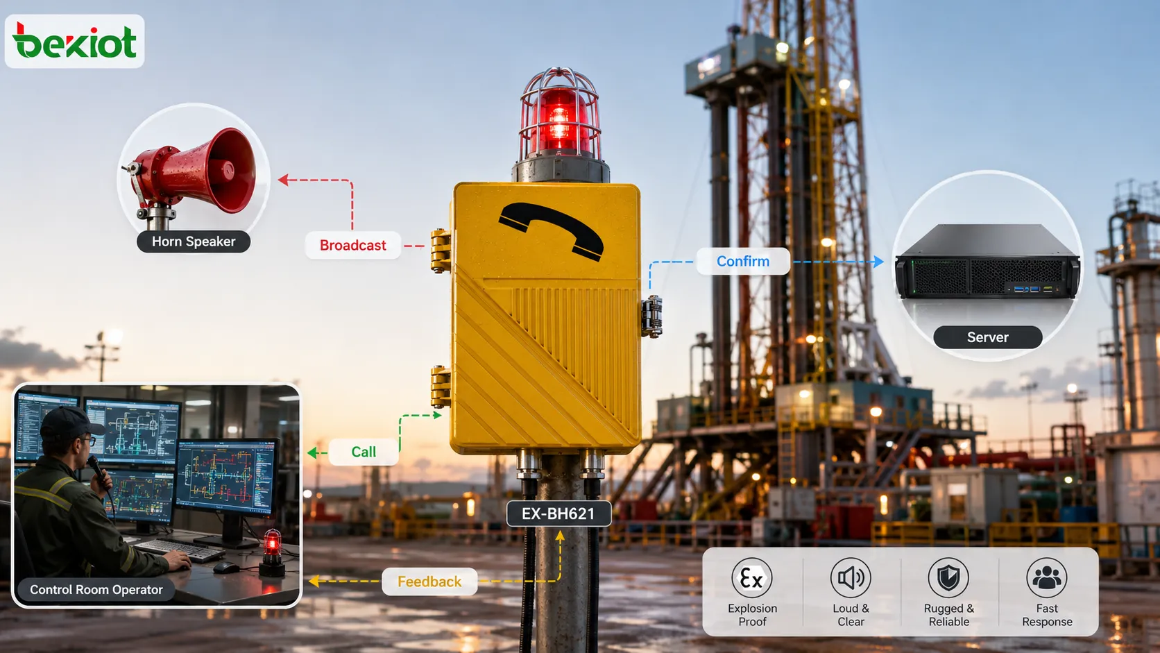 Poste antidéflagrant pétrolier et gazier formant une boucle avec appel terrain par une touche, confirmation salle de contrôle, diffusion zonée, intégration des alarmes et retour terrain