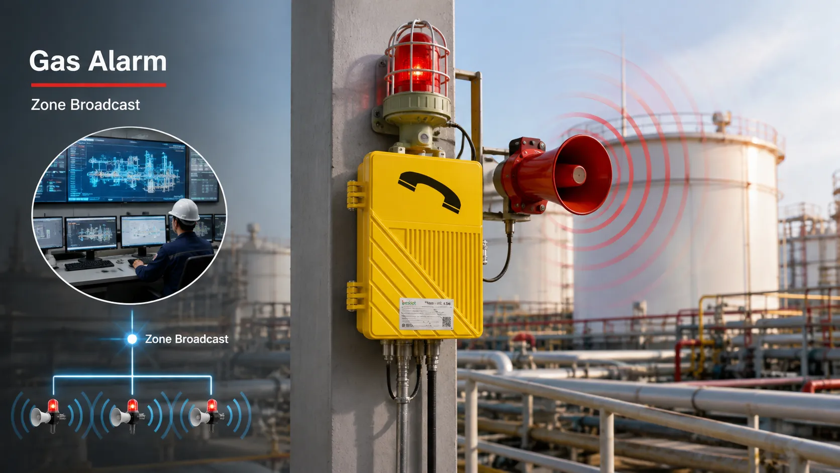 Poste antidéflagrant relié à la détection de gaz, l’alarme incendie, l’alarme sonore et visuelle, la plateforme de salle de contrôle et la diffusion d’urgence par zone