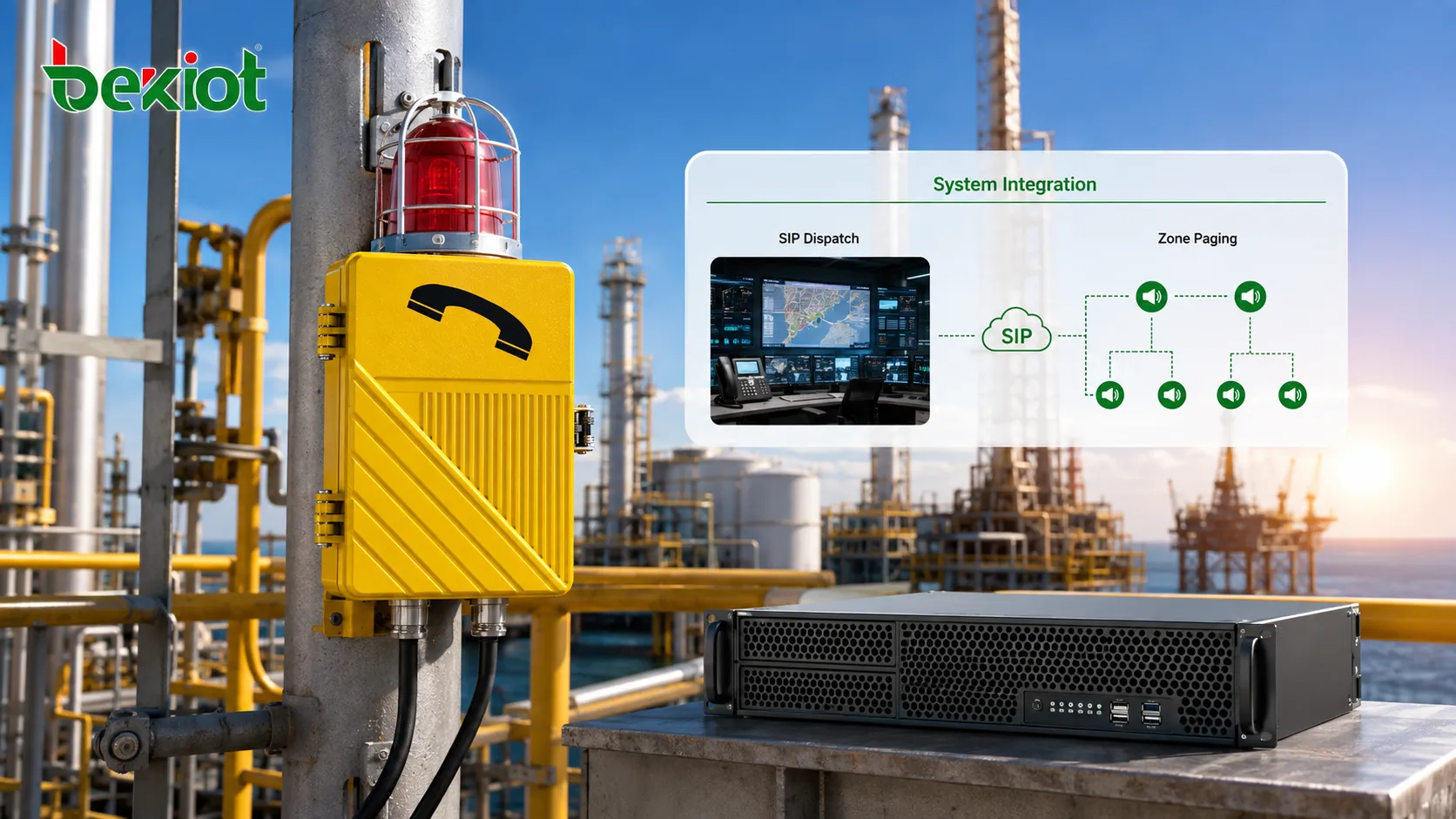Sélection et déploiement d’un poste antidéflagrant avec téléphone EX-BH621, plateforme SIP de dispatching, diffusion zonée, point d’installation, protection des câbles et inspection de maintenance