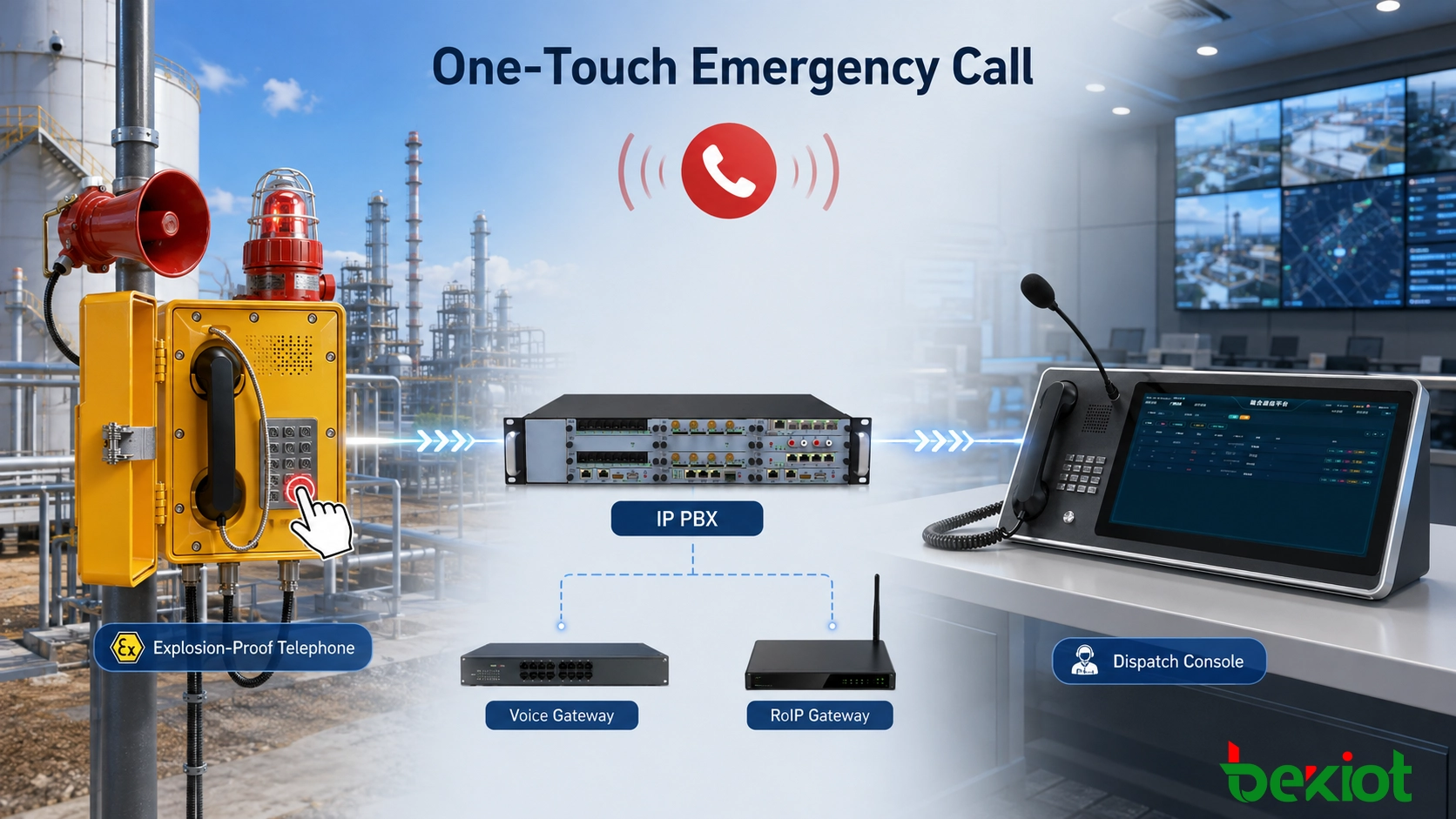 Appel d'urgence en un seul geste d'un téléphone antidéflagrant vers IP PBX et console de dispatching