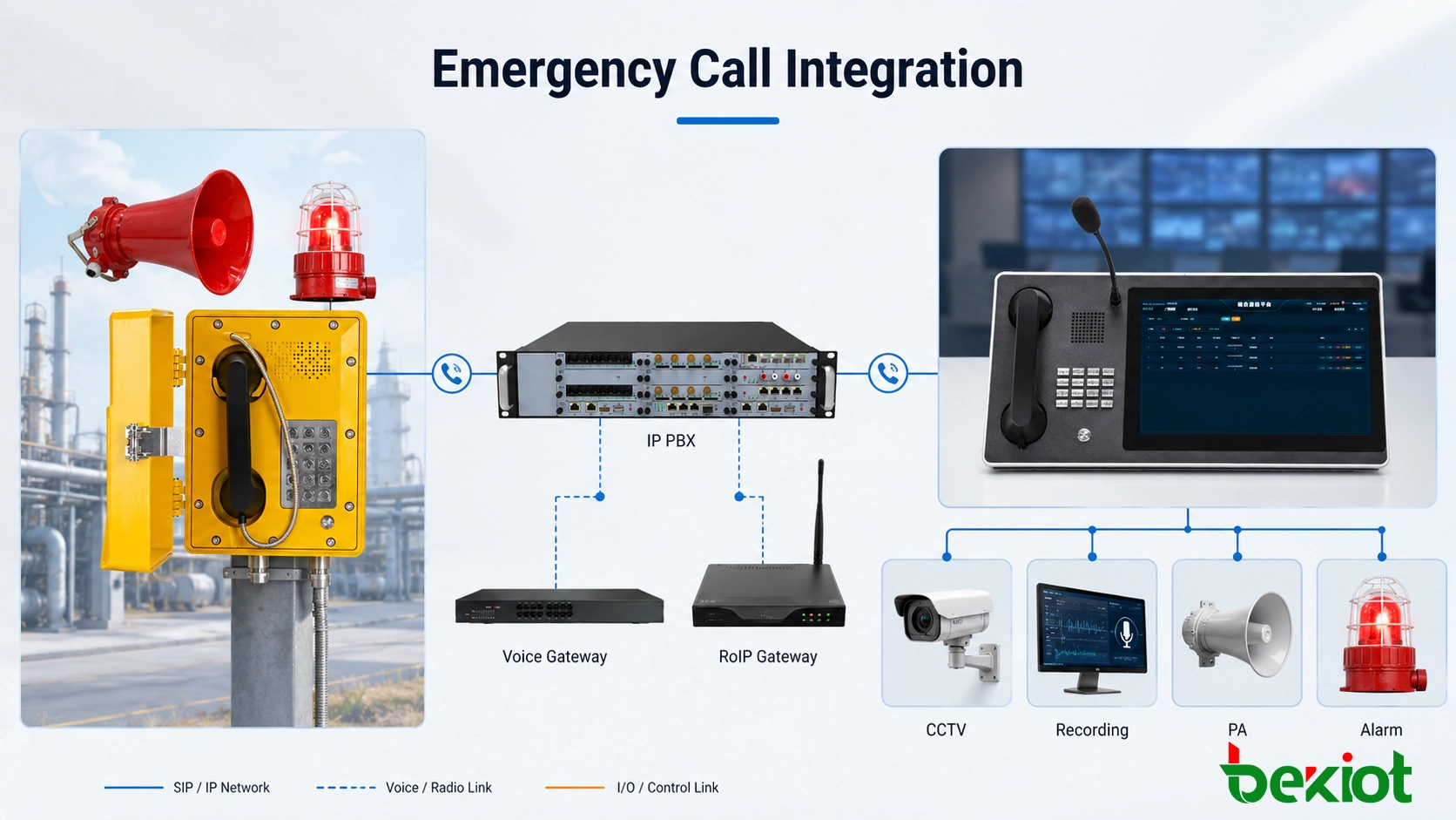 Intégration d'appel d'urgence de téléphone antidéflagrant avec enregistrement, CCTV, sonorisation et alarmes sonores/visuelles