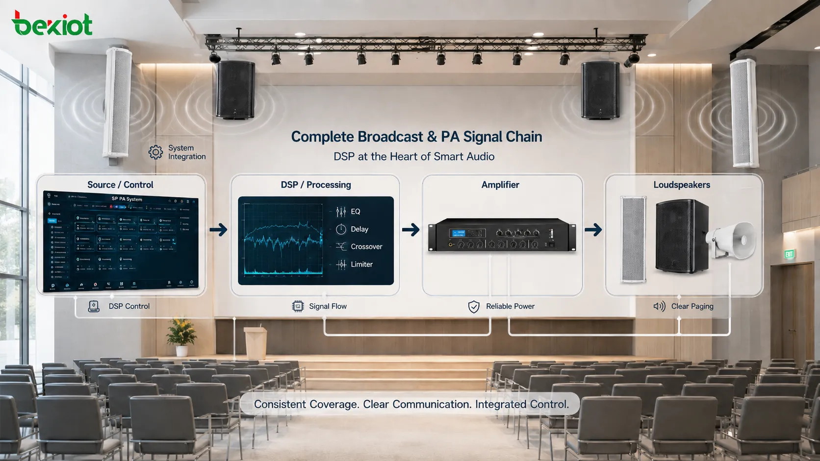 Système professionnel de diffusion et de PA utilisant le DSP pour l’égalisation le délai le filtrage la limitation et une couverture sonore cohérente