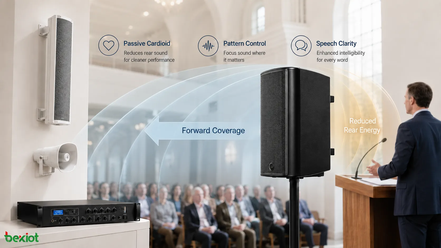 Enceinte cardioïde passive contrôlant l’énergie basse fréquence arrière dans une église et réduisant le son indésirable dans la couverture